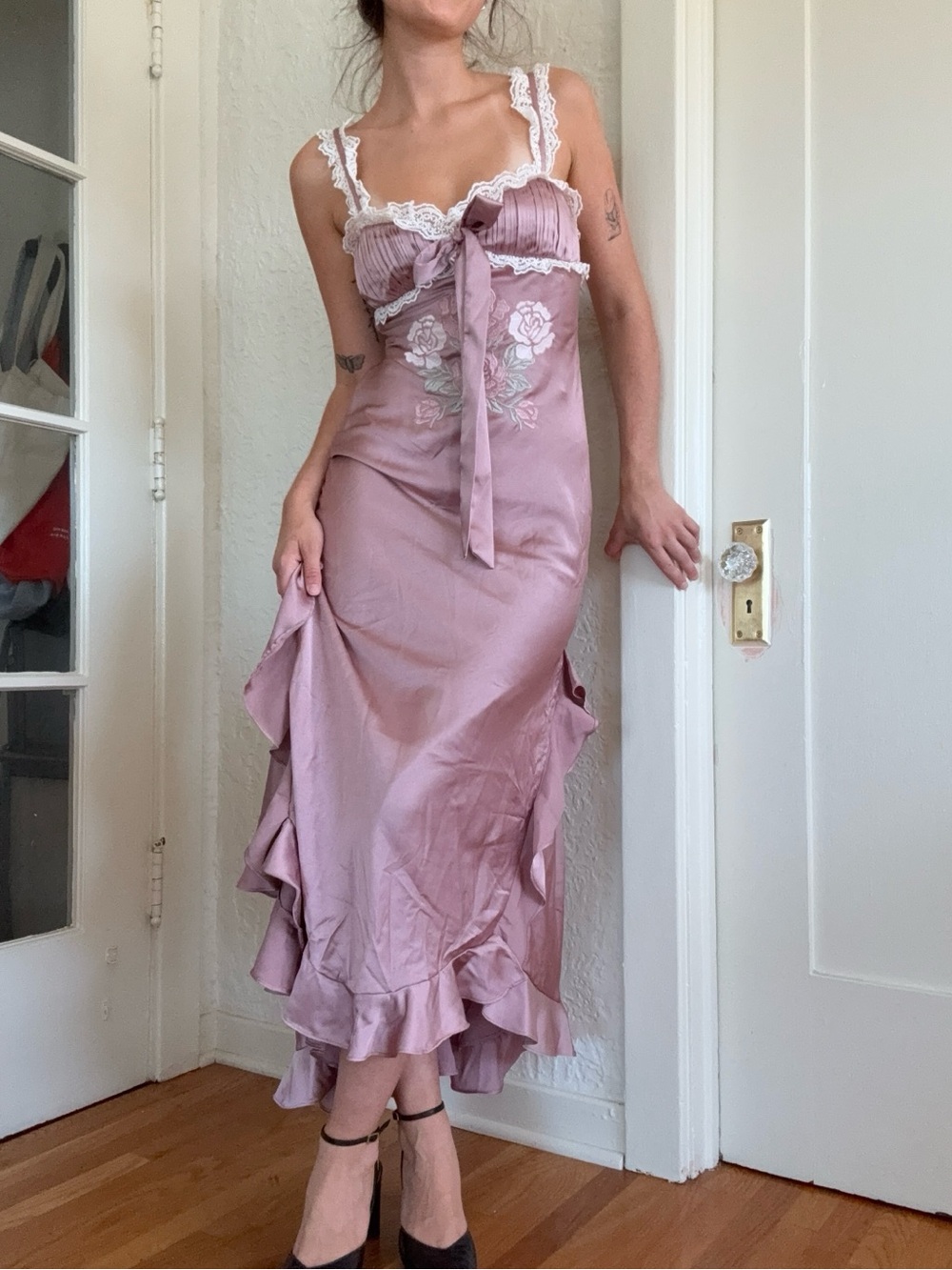 For Live and Lemons Chelsea Lace Trim Satin Maxi Dress - Picture 6 of 9